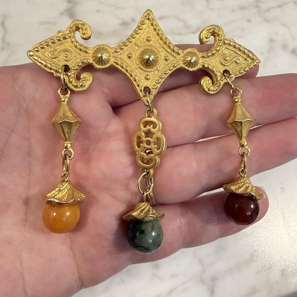 Jewelry - Vintage HUGE Matte Gold Etruscan Style Dangle Acrylic Bead Brooch Renaissance